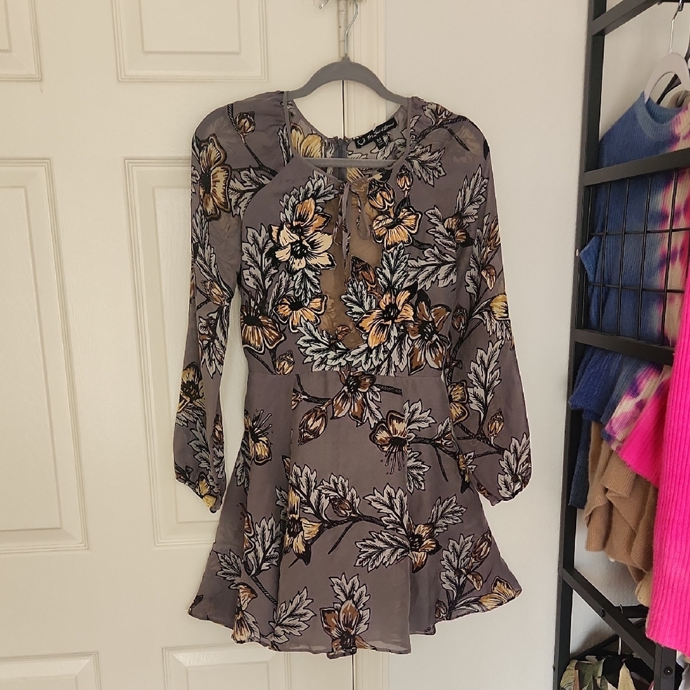 For Love & Lemons Silk Gray Floral Long Sleeve Mini Dress Medium